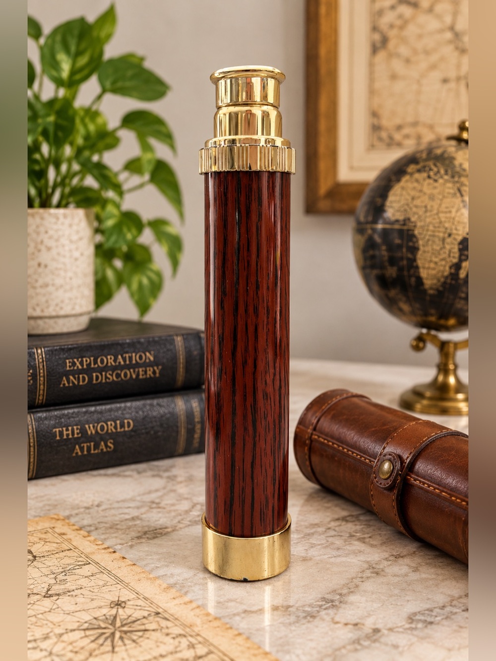 Vintage Style Collapsible Telescope Spyglass Gold Tone Faux Wood Nautical Decor